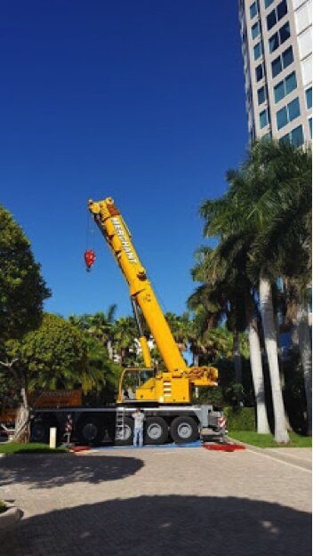 The crane boom began to be assembled briefly blocking the entrance to the parking garage. Sheets of plywood were hoisted up to the terrace of the penthouse to protect the tiled flooring of the “landing spot.”