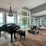 contemporary living room with a piano