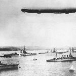 A zeppelin over the harbor at Kiel, Ger